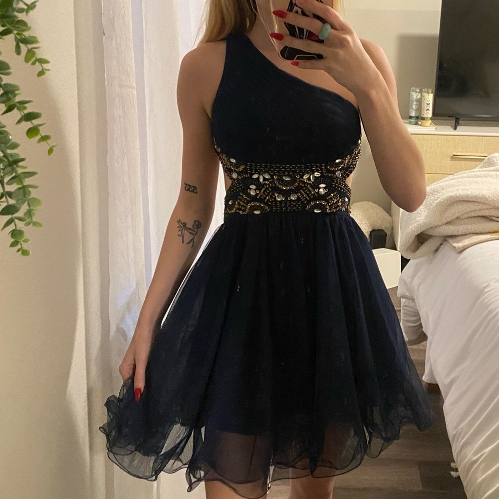 Y2K 2000s Navy & Gold One Shoulder Mini Dress : formal/prom/homecoming